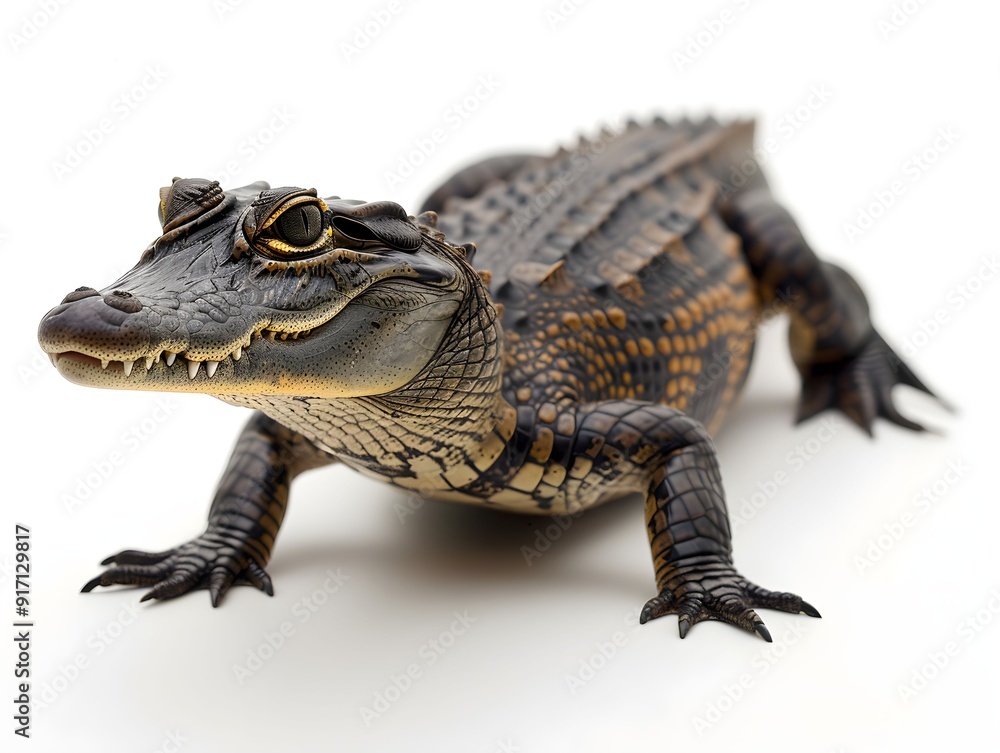 Fototapeta premium A young caiman resting calmly on a white surface indoors in bright natural light