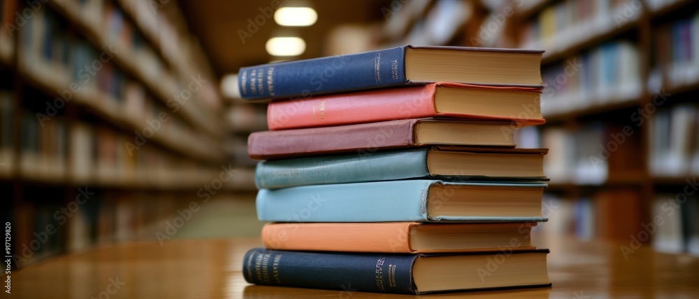 stack of books against the background of library, stack of books in front of library, books on wooden table stack of books against the background of library, stack of books in front of library, books on wooden table