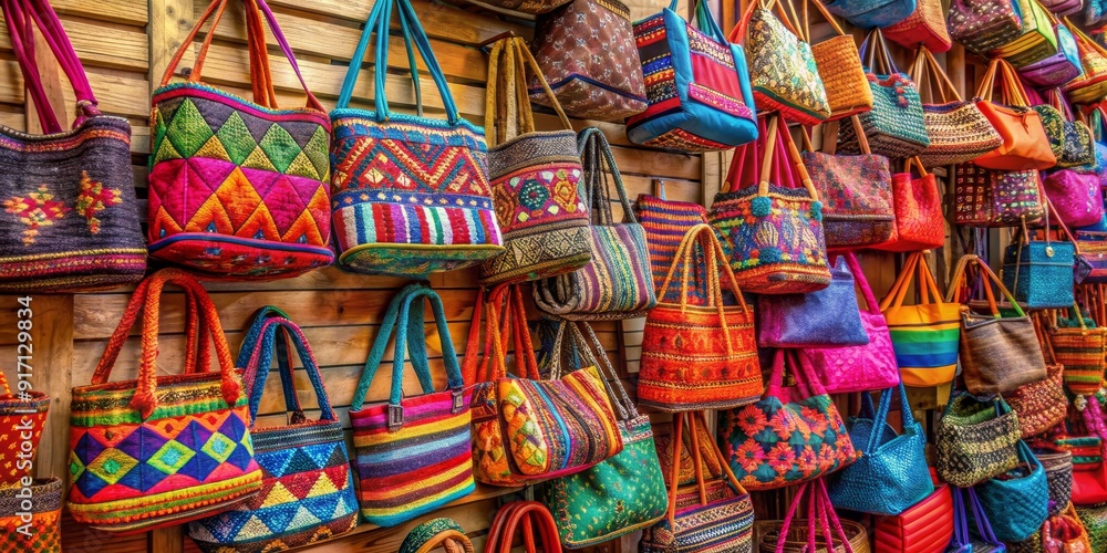 A Colorful Display of Handcrafted Bags in a Market, woven , ethnic , marketplace , fabric A Colorful Display of Handcrafted Bags in a Market, woven , ethnic , marketplace , fabric