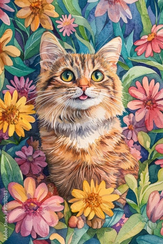 Wallpaper Mural A charming cat surrounded by colorful flowers, showcasing playful elegance and vibrant nature. Torontodigital.ca