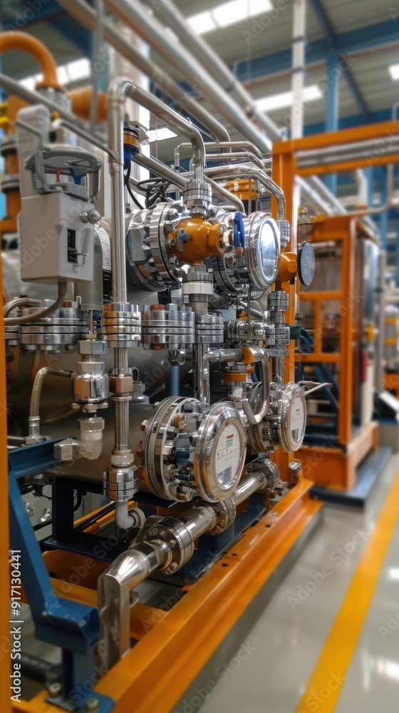 A large industrial machine with many pipes and valves. The machine is orange and yellow A large industrial machine with many pipes and valves. The machine is orange and yellow