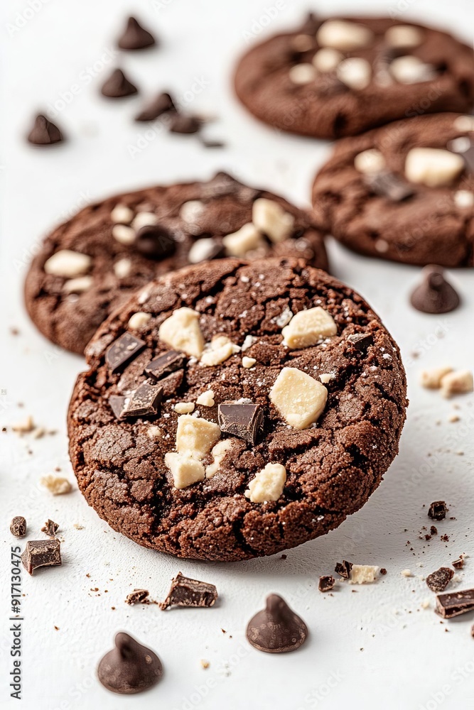 Mouthwatering Chocolate Crumbs and Chips of Homemade Cookies on White Background Mouthwatering Chocolate Crumbs and Chips of Homemade Cookies on White Background