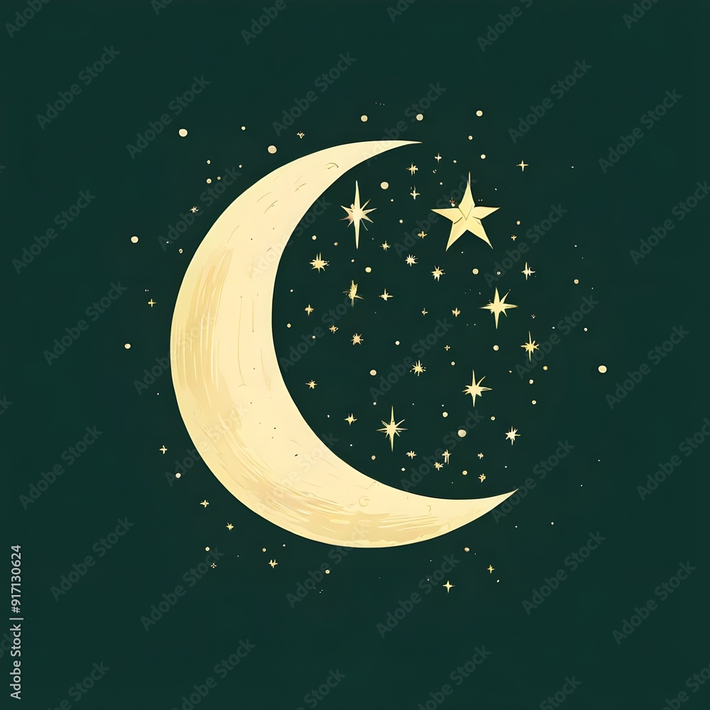 Naklejka premium moon and stars on green background, Ai Generated