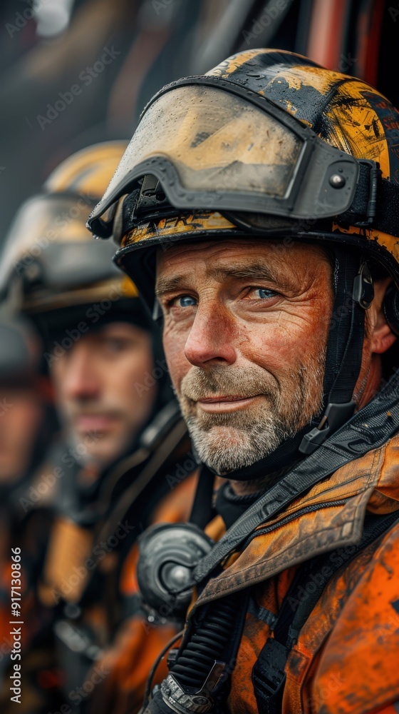 A man in a yellow helmet and orange jacket is smiling A man in a yellow helmet and orange jacket is smiling