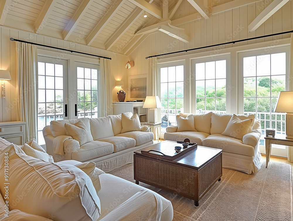 A large living room with white furniture and a white ceiling. The room has a modern and clean look