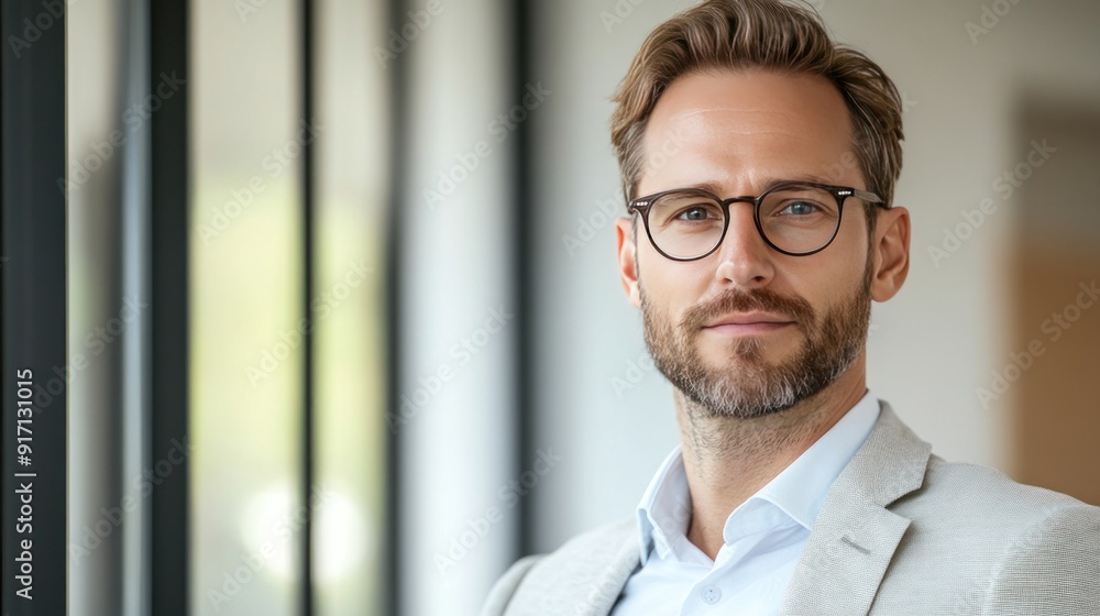 Fototapeta premium Confident businessman in glasses looking at camera with a serious expression, standing near a window.