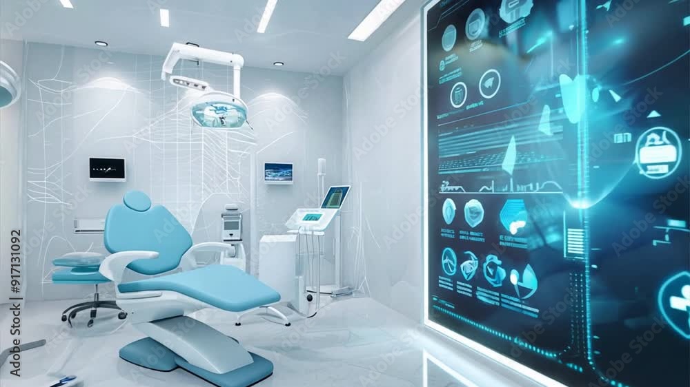 Advanced medical technology setup with mixed media icons overlaying a ...