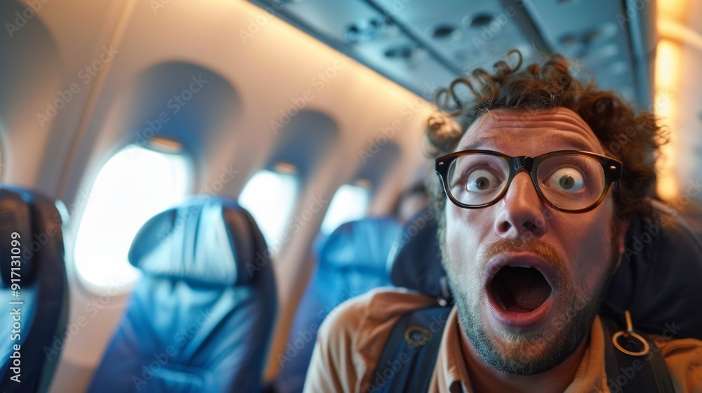 Fototapeta premium A man with glasses and a beard is sitting on an airplane, looking shocked
