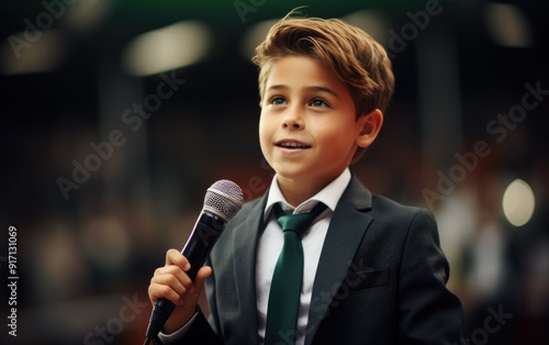 A young boy in a suit holding a microphone. He is smiling and looking at the camera. Concept of confidence and excitement, as the boy is ready to perform or speak in front of an audience