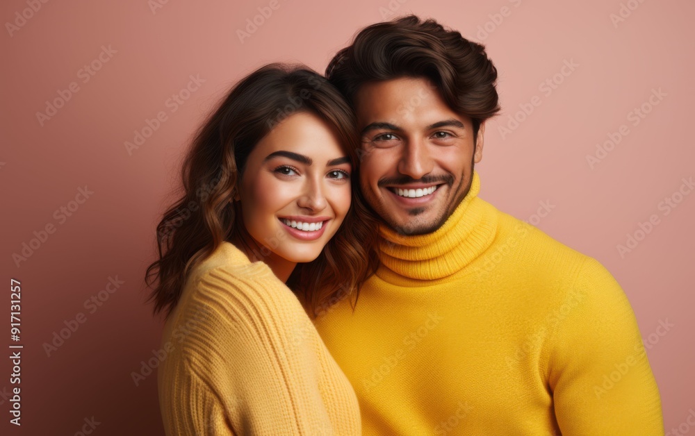 A man and woman are smiling for the camera in a yellow sweater. The woman has long brown hair and the man has a beard. Scene is happy and friendly A man and woman are smiling for the camera in a yellow sweater. The woman has long brown hair and the man has a beard. Scene is happy and friendly