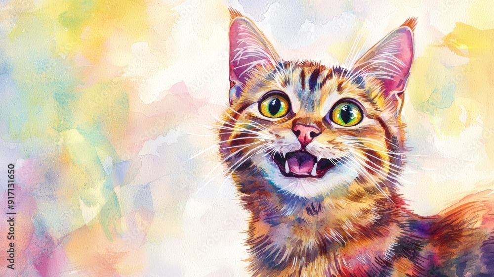 A vibrant watercolor painting of a happy cat with large, expressive eyes, set against a colorful background. A vibrant watercolor painting of a happy cat with large, expressive eyes, set against a colorful background.