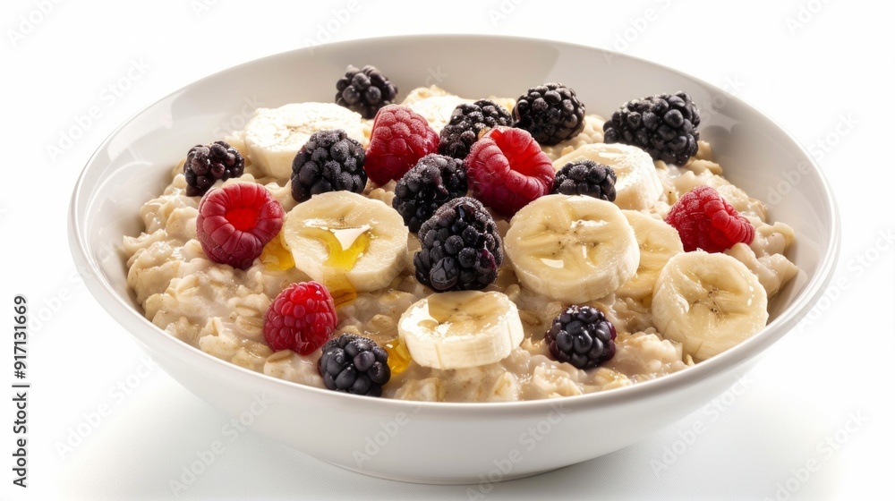 A serving of creamy oatmeal topped with sliced bananas, berries, and a drizzle of honey. The white background highlights the comforting and wholesome nature of this classic breakfast dish. A serving of creamy oatmeal topped with sliced bananas, berries, and a drizzle of honey. The white background highlights the comforting and wholesome nature of this classic breakfast dish.