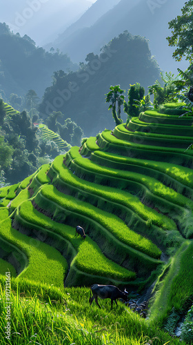 Elderly Asian woman overseeing terraced rice paddies with water buffalo plowing in the mountainous regions near Chiang Mai Thailand reflecting centuriesold agricultural traditions photo