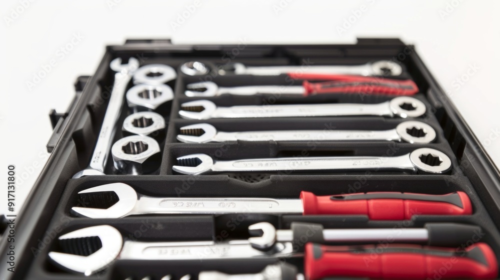 A mechanic’s toolkit opened to reveal an assortment of sockets, ratchets, and wrenches, ready for automotive repair. A mechanic’s toolkit opened to reveal an assortment of sockets, ratchets, and wrenches, ready for automotive repair.