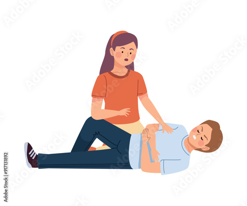 girl character providing first aid to man