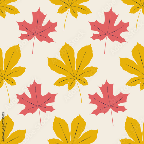 Seamless pattern with yellow chestnut leaves and red maple leaves. Autumn season and nature concept for design and print