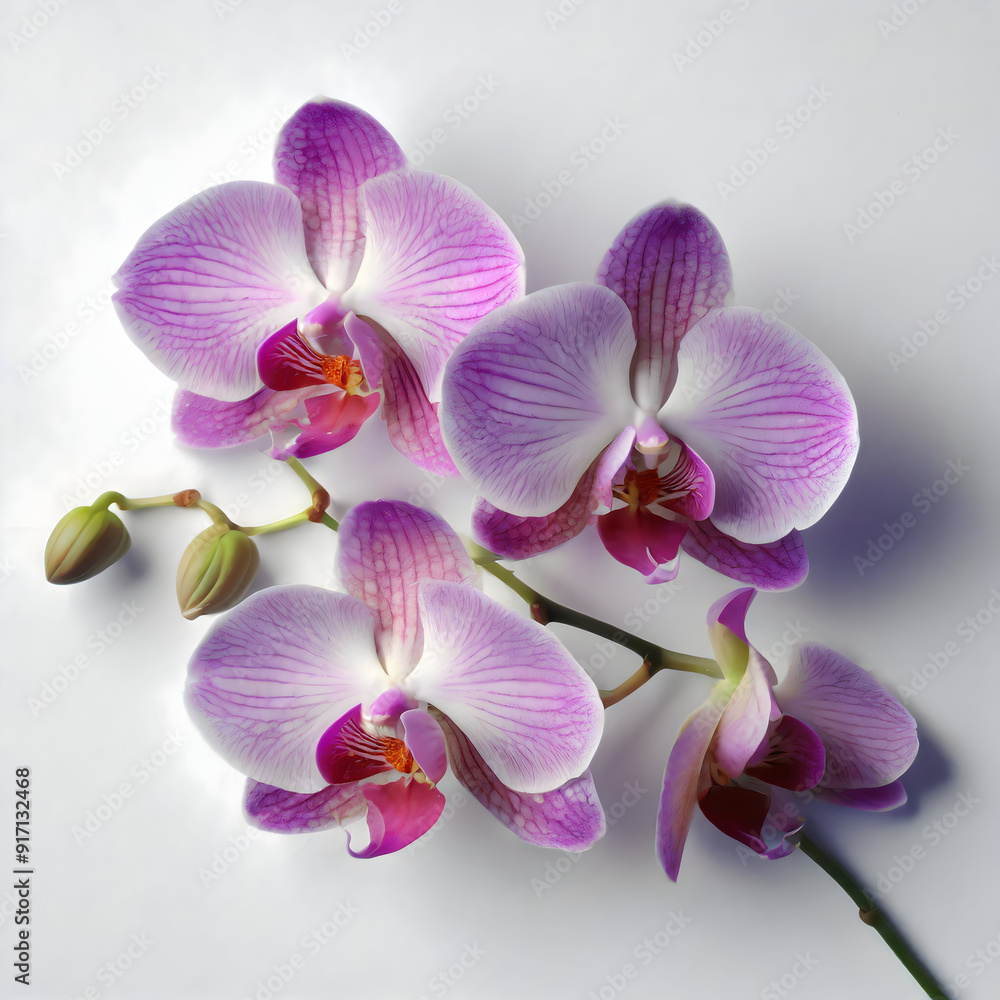 vibrant orchid flowers arranged in a creative, flowing composition against a pure white background. The petals should be detailed, with soft gradients of color, highlighting the delicate textures and vibrant orchid flowers arranged in a creative, flowing composition against a pure white background. The petals should be detailed, with soft gradients of color, highlighting the delicate textures and