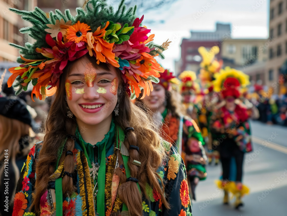 A woman wearing a flowery headdress and a green jacket is smiling. She is surrounded by other people in colorful costumes A woman wearing a flowery headdress and a green jacket is smiling. She is surrounded by other people in colorful costumes