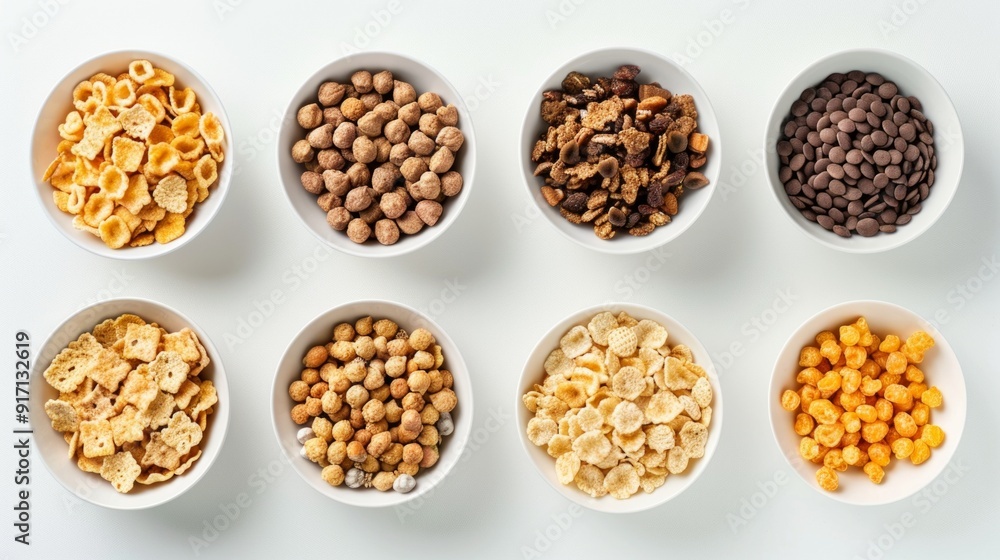 A selection of breakfast cereals in individual bowls, ranging from classic cornflakes to whole grain clusters. 