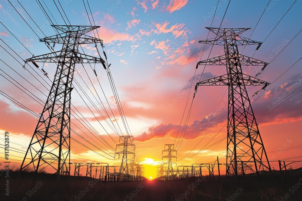 Silhouettes of power lines against a vibrant sunset sky. Silhouettes of power lines against a vibrant sunset sky.