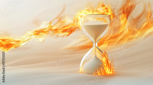 A white background with an hourglass made of sand, surrounded by flames