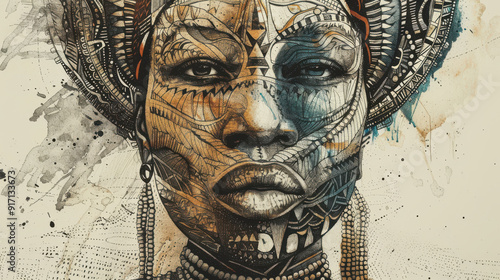 An African warrior woman in her traditional outfit with warrior facepaint, captured in a detailed blend of aquatint and thin line etching, highlighting cultural richness photo