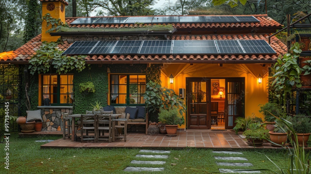 Fototapeta premium Eco-Friendly Home: An eco-friendly home with solar panels, a lush garden, and sustainable living practices. The emphasis on green living and environmental responsibility is clear. 