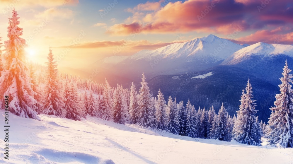 Breathtaking Winter Sunrise Illuminates Majestic Mountain Landscape with Snow-Covered Peaks and Serene Beauty Breathtaking Winter Sunrise Illuminates Majestic Mountain Landscape with Snow-Covered Peaks and Serene Beauty