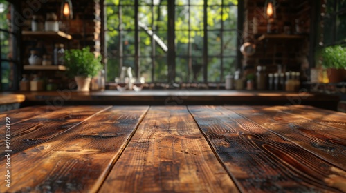 Wooden tabletop in kitchen setting for product displays and designs with space for text or graphics