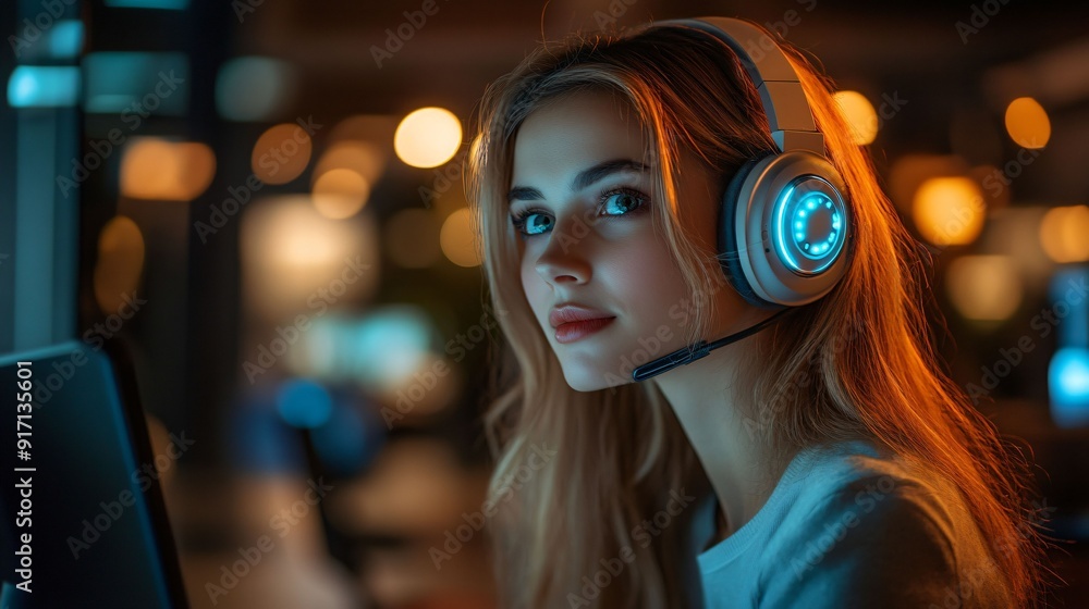 Young woman with an illuminated headset focused on gaming or streaming at a computer, showcasing a modern and tech-savvy gaming setup. Young woman with an illuminated headset focused on gaming or streaming at a computer, showcasing a modern and tech-savvy gaming setup.
