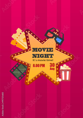 Cinema Movie Night Poster Pop Up Vintage Red Six Pointed Star Banner Window Vector Design