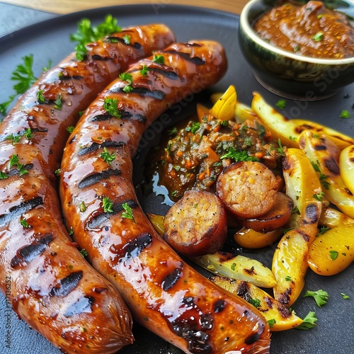 Tasty currywurst - grilled sausage with curry powder and a yummy side dish. Generative AI photo