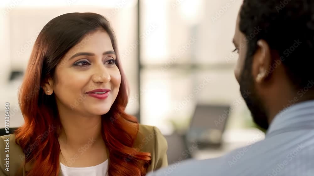 A woman smiling during a conversation with a colleague in an office setting. A woman smiling during a conversation with a colleague in an office setting.