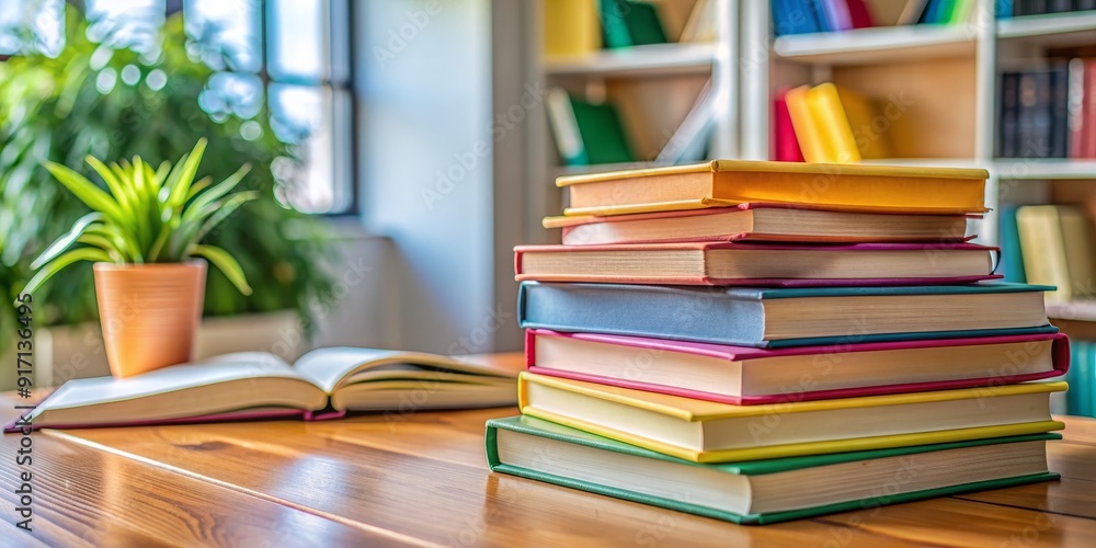Colorful Books Stacked on a Wooden Table with a Blurred Bookshelf in the Background, bookshelf , bookstack, knowledge, library Colorful Books Stacked on a Wooden Table with a Blurred Bookshelf in the Background, bookshelf , bookstack, knowledge, library
