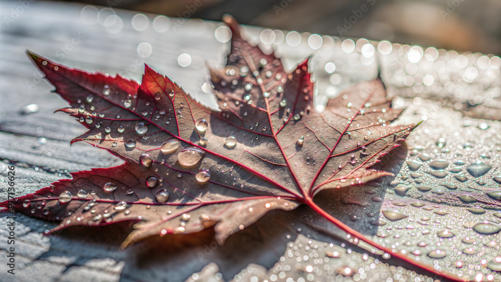Red Autumn Maple Leaf with Water Droplets on Wooden Surface Red Autumn Maple Leaf with Water Droplets on Wooden Surface