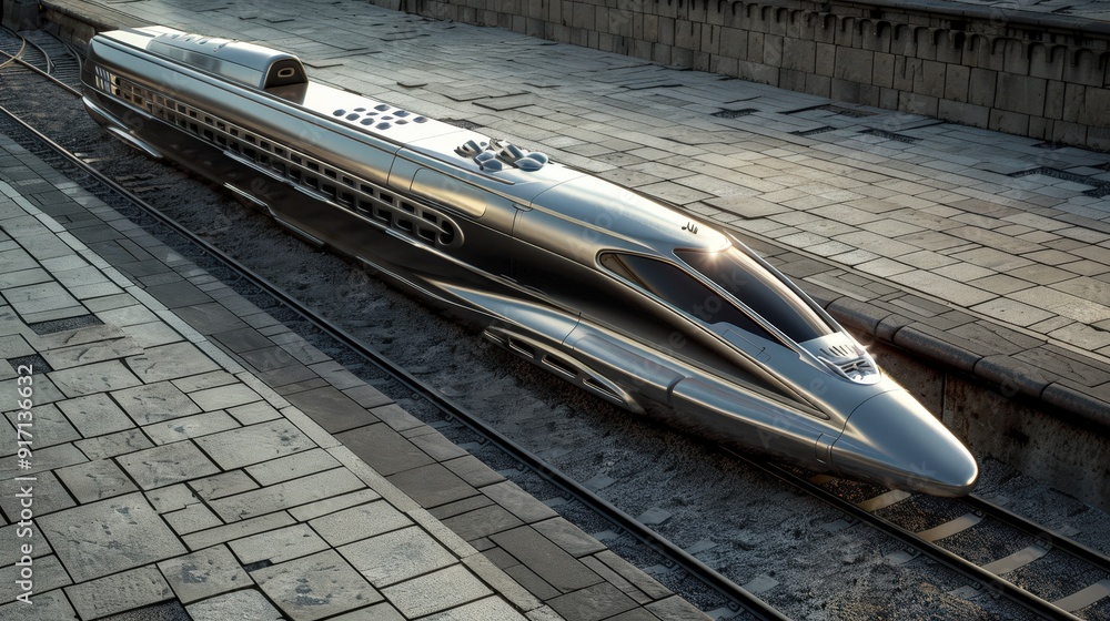 Imagine a 3D model of a high-speed train. Describe the sleek design and ...