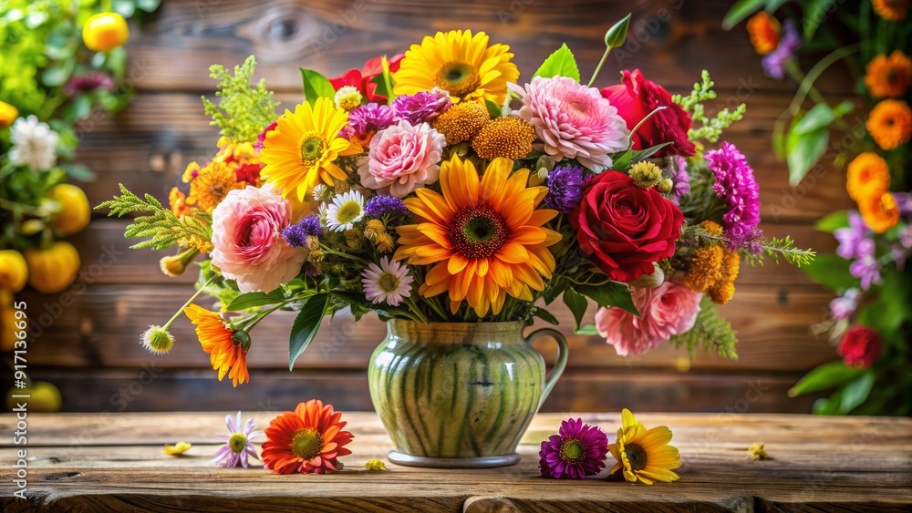 Colorful Summer Bouquet in a Green Vase on a Wooden Table, flower arrangement , floral photography , still life , bouquet Colorful Summer Bouquet in a Green Vase on a Wooden Table, flower arrangement , floral photography , still life , bouquet