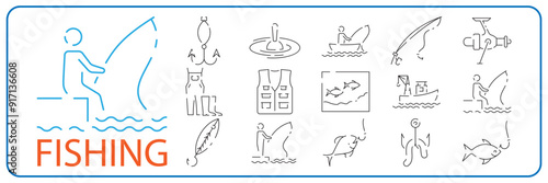 Fishing icon set of outdoor recreation including line, lure, lake, boat, dock, hook, pole, reel, worm, tackle box and clothing such as waders and a vest