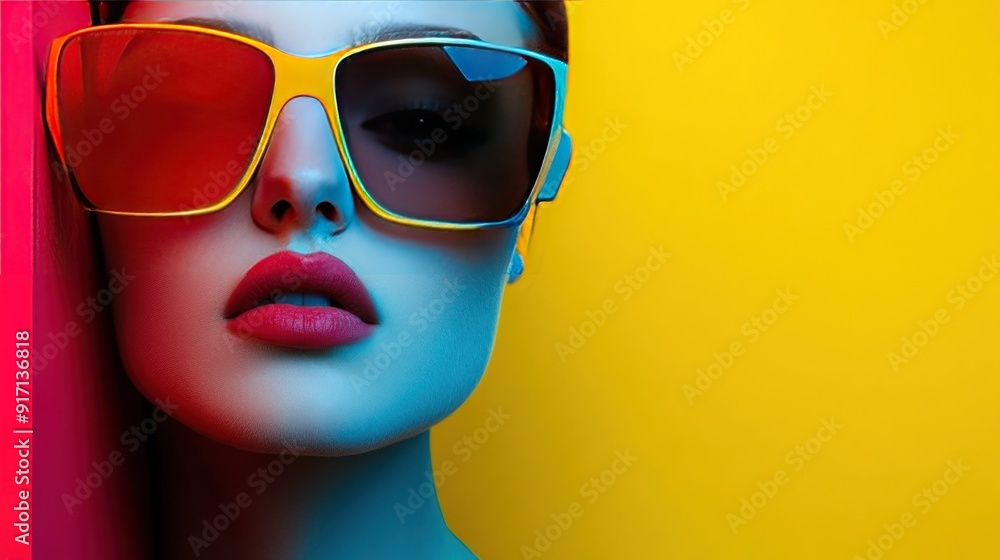 Close-up of a woman's face with red lips wearing yellow sunglasses. Close-up of a woman's face with red lips wearing yellow sunglasses.