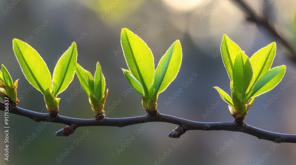 Fresh green leaves budding on tree branches Fresh green leaves budding on tree branches