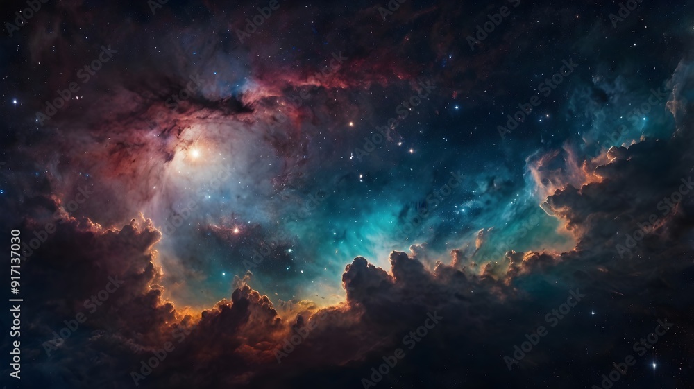 Realistic cosmos galaxy, colourful smoke cloudy swirls and stars in universe background Realistic cosmos galaxy, colourful smoke cloudy swirls and stars in universe background