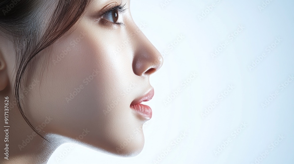 Close up of a woman's face with glowing skin and light makeup. Close up of a woman's face with glowing skin and light makeup.