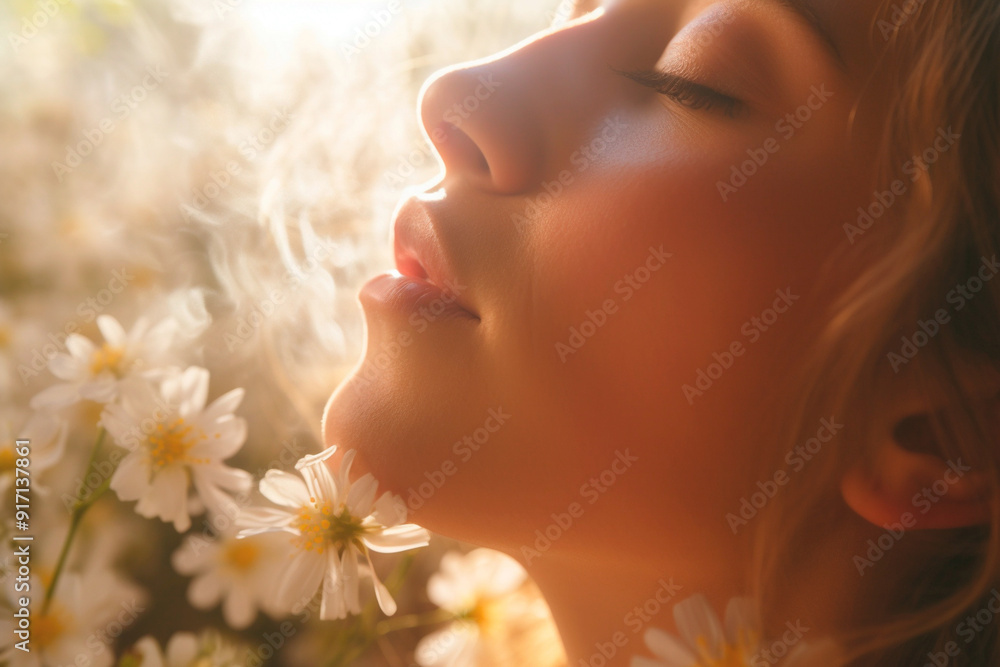 The woman's serene demeanor mirrors the gentle fragrance of flowers. Smell of flowers The woman's serene demeanor mirrors the gentle fragrance of flowers. Smell of flowers