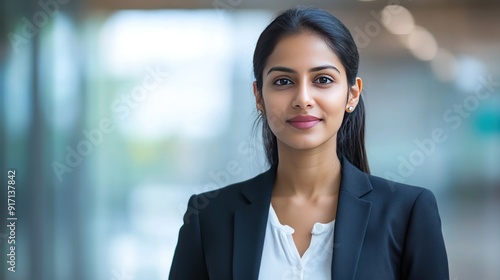 Portrait of a smiling young businesswoman in a blue blazer with a white shirt underneath, in a blurred background.