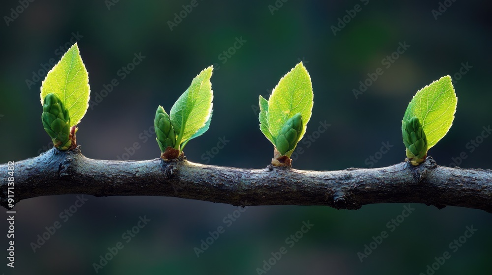 Fresh green leaves budding on tree branches Fresh green leaves budding on tree branches