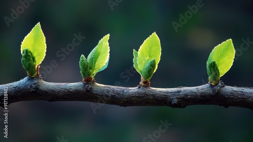 Fresh green leaves budding on tree branches