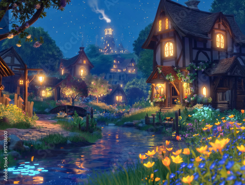 A small village with houses and a river. The houses are lit up at night, giving the scene a warm and cozy atmosphere. The flowers in the foreground add a touch of color and life to the scene