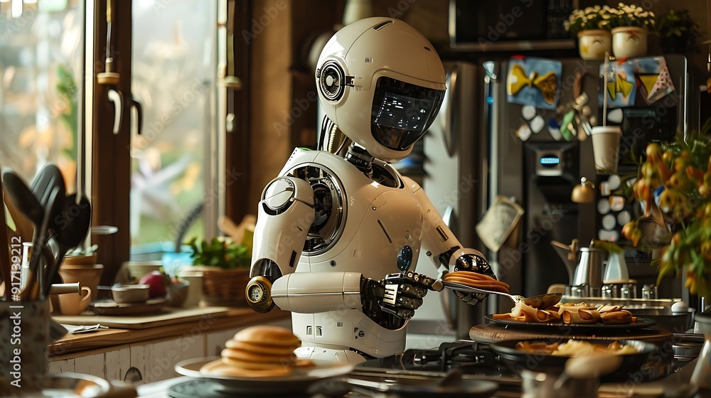 Robot Chef Preparing a Delicious Meal in a Modern Kitchen - 3D Illustration Robot Chef Preparing a Delicious Meal in a Modern Kitchen - 3D Illustration