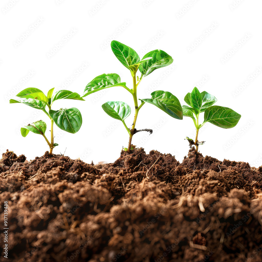 Three small plants emerging from rich soil, symbolizing growth, nature, and the beauty of new beginnings in gardening. Three small plants emerging from rich soil, symbolizing growth, nature, and the beauty of new beginnings in gardening.