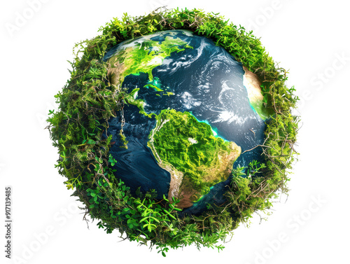 A vibrant depiction of Earth surrounded by lush greenery, symbolizing nature and environmental conservation. photo